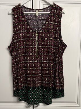 Tacera Plus Size 2X Sleeveless V-Neck 1/2 Zip Blouse Multicolour Geometric Print